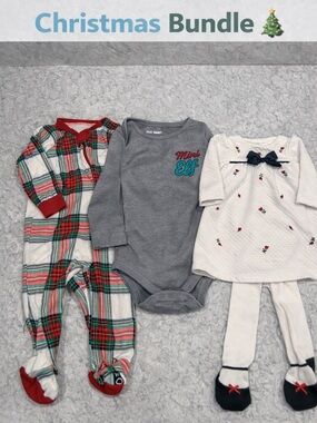 Baby Christmas Outfit Bundle 3-6M Plaid Sleeper + Little Me Dress Set & Onesie